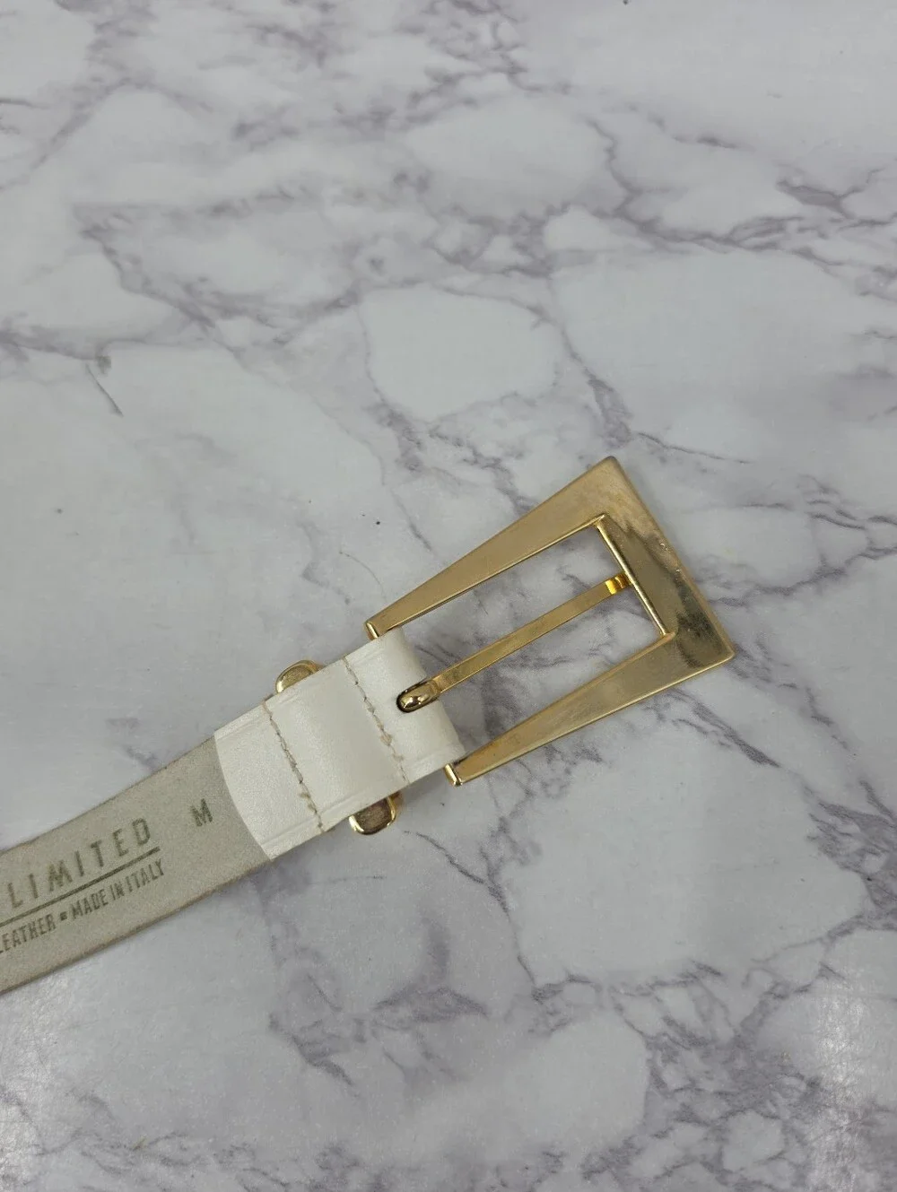 Vintage White Italian Leather Belt with Gold Tone Lion Head Medallion Studs